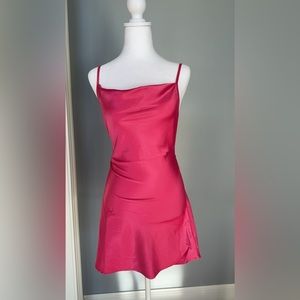 Hot pink cowl satin dress that can be tied different ways